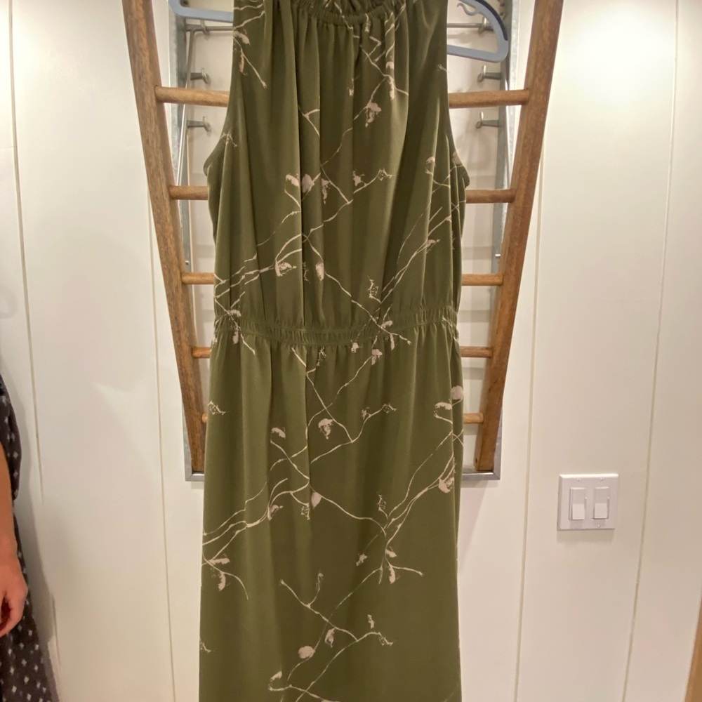 Olive Green Sleeveless Dress with Floral Pattern